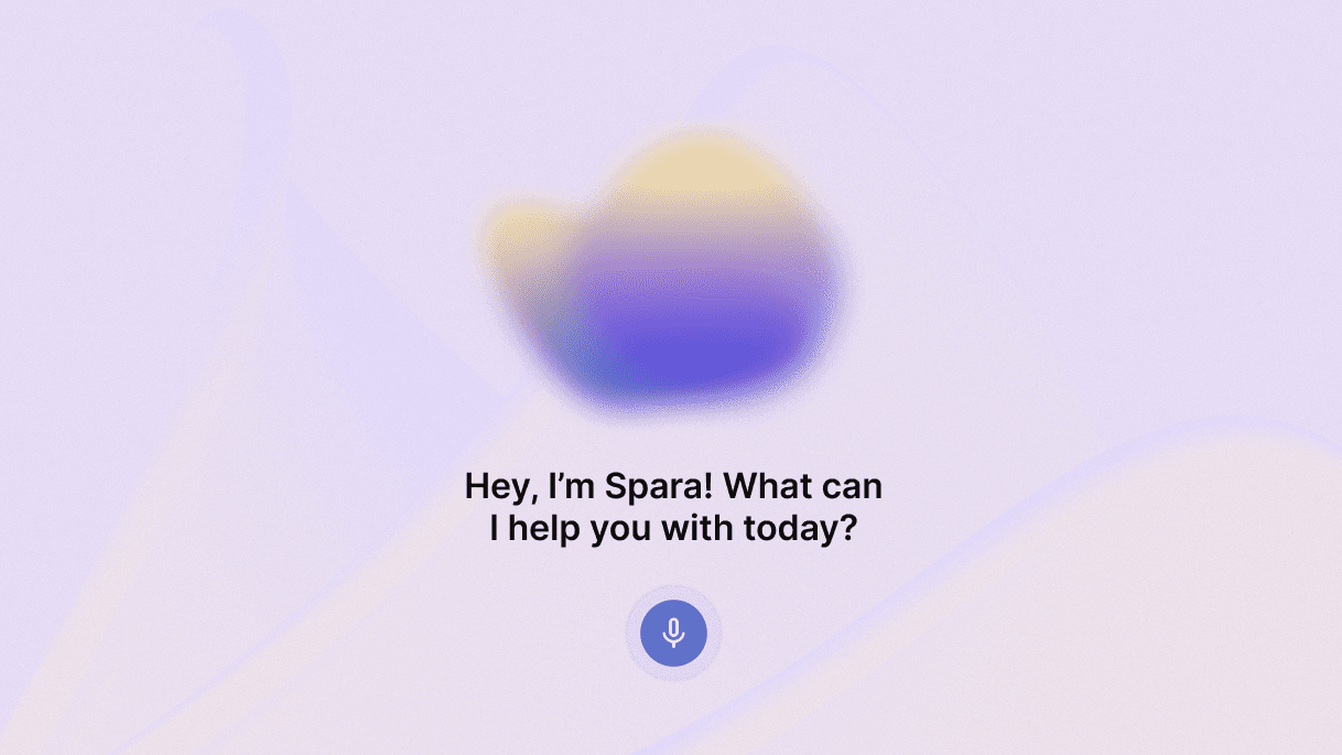 Alt text: Image of Spara AI Voice interface prompting a user to ask a question, with a microphone icon