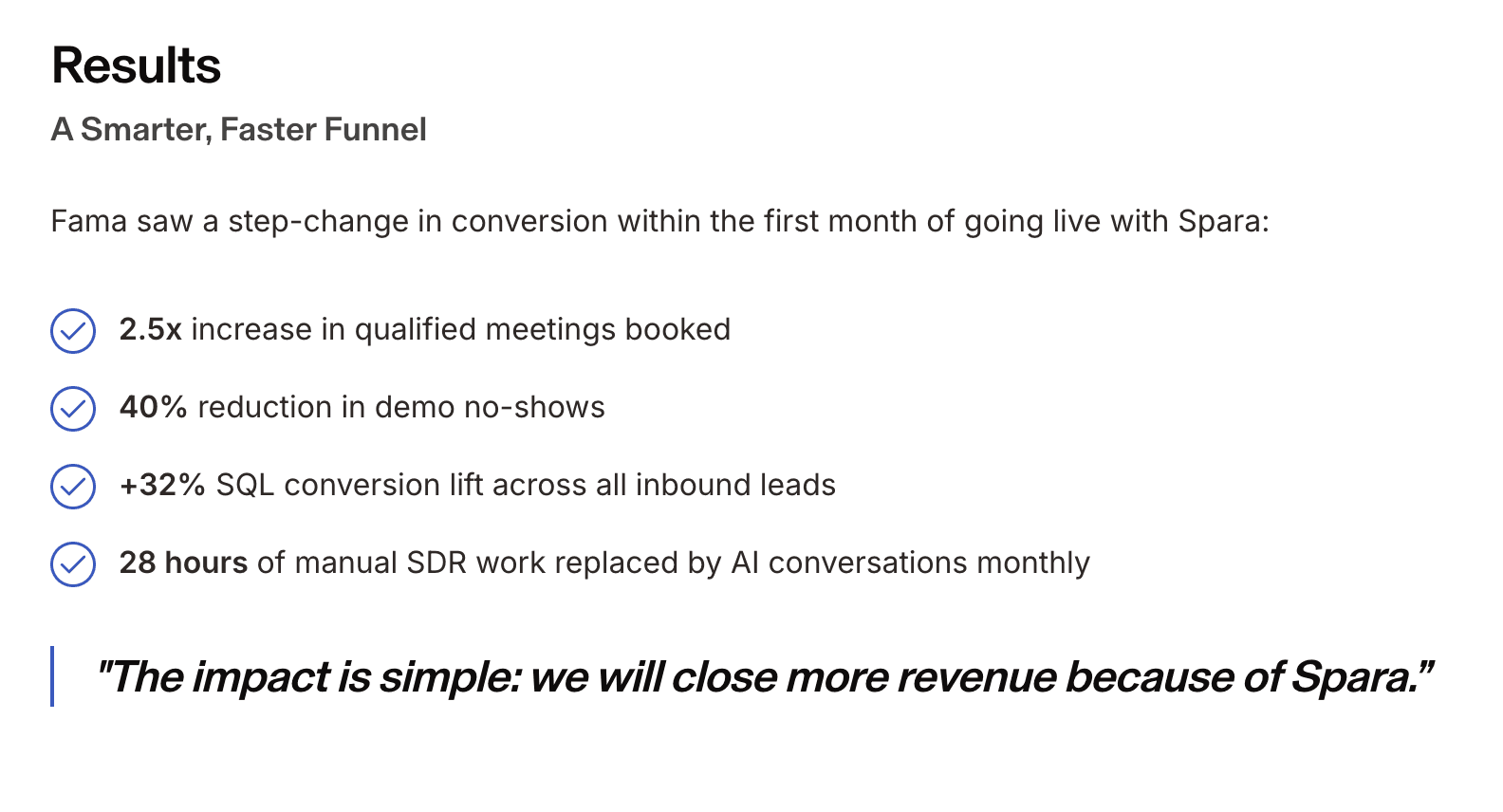 Alt text: Customer results showing increased qualified meetings, reduced demo no-shows, and higher SQL conversion with AI conversations