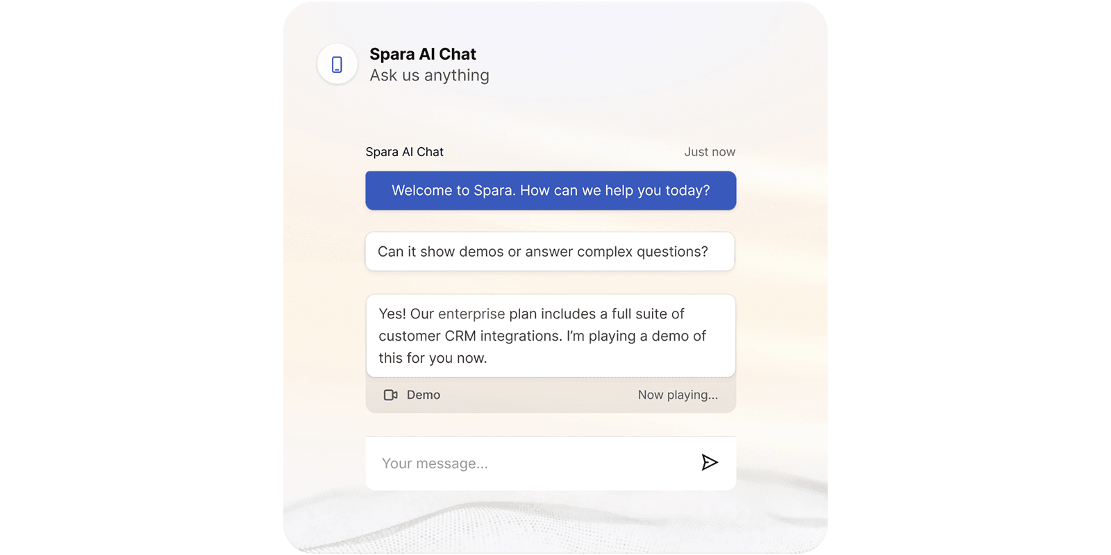 Conversational AI chat showing questions about demo capabilities, AI responses about enterprise CRM integrations, and automatic demo launch