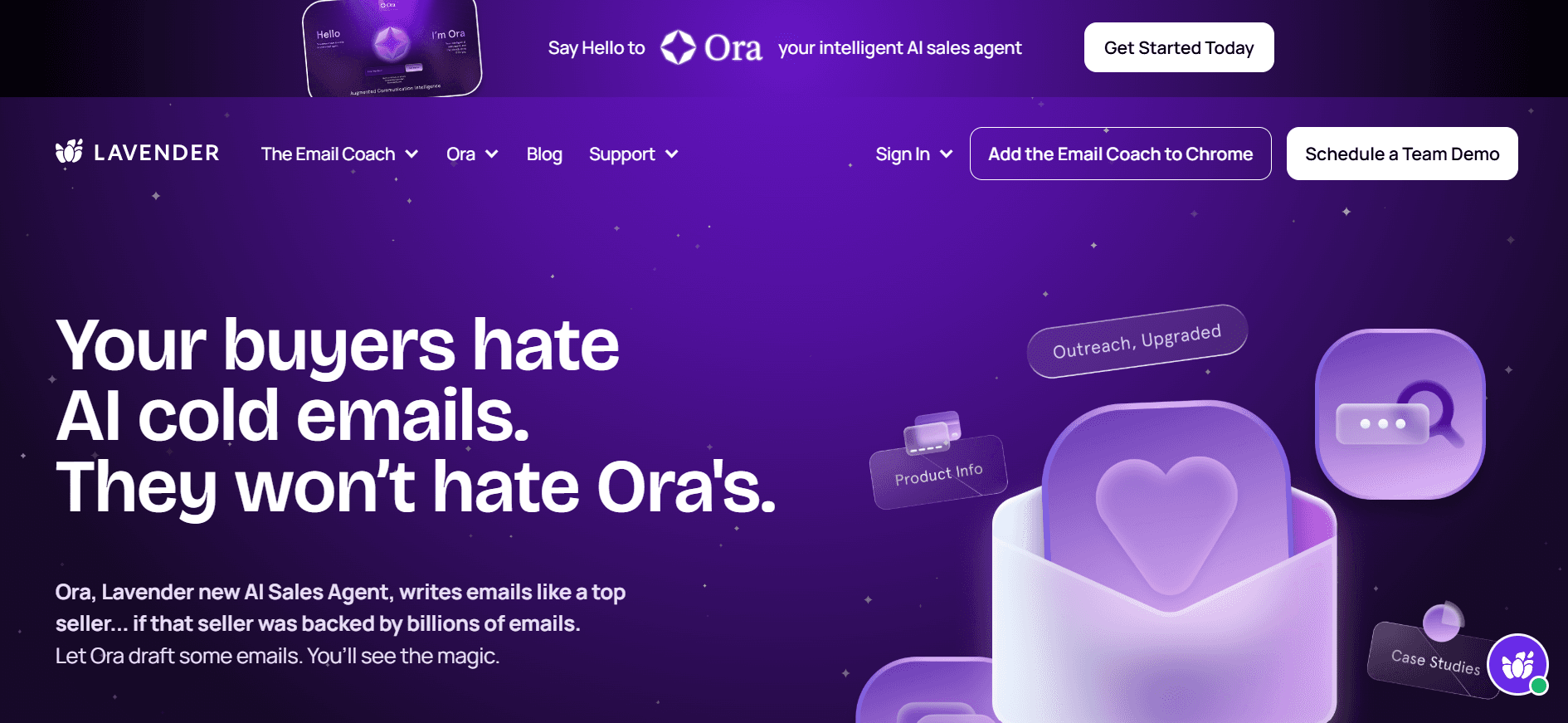Lavender homepage promoting Ora, an AI sales email agent that helps teams write personalized cold emails