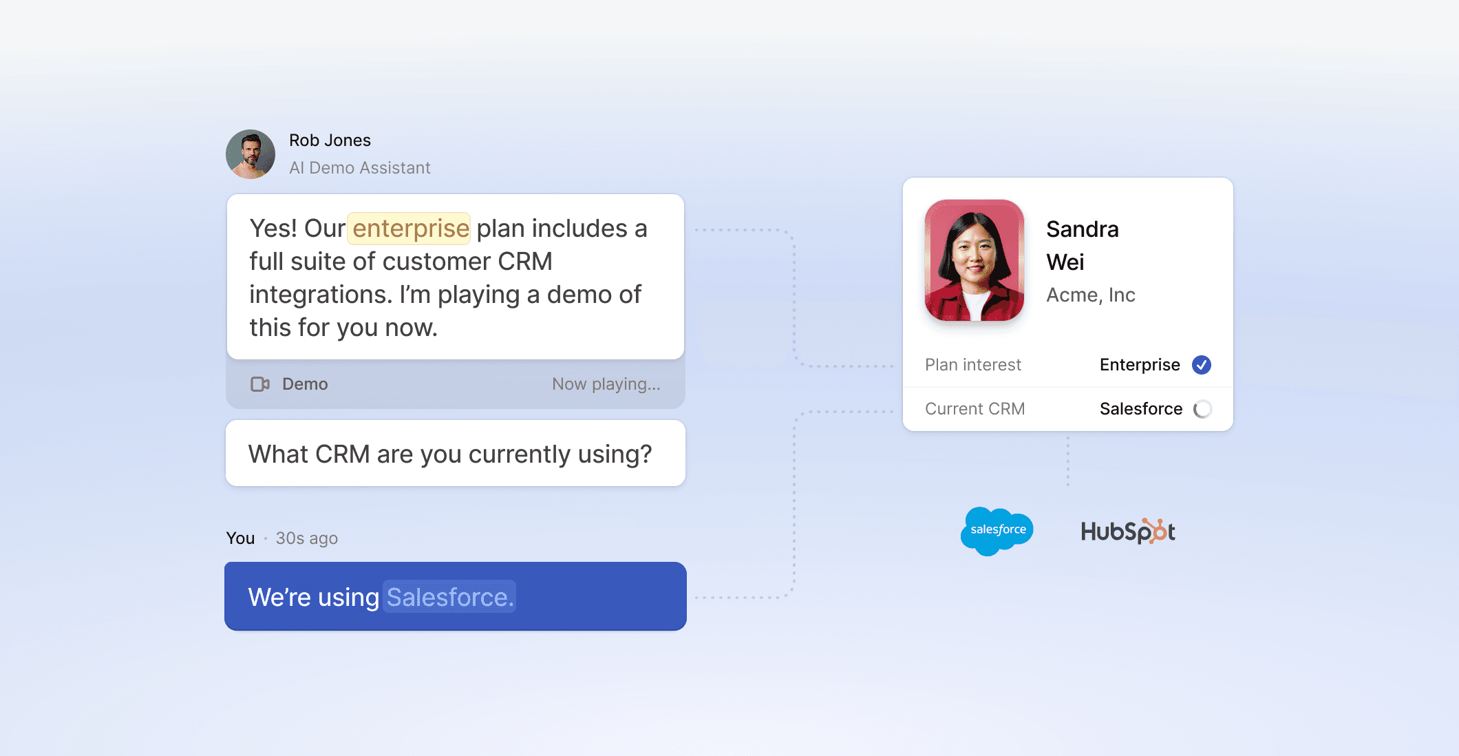 AI assistant qualifying a website visitor, updating CRM interest to Enterprise, and syncing Salesforce and HubSpot data