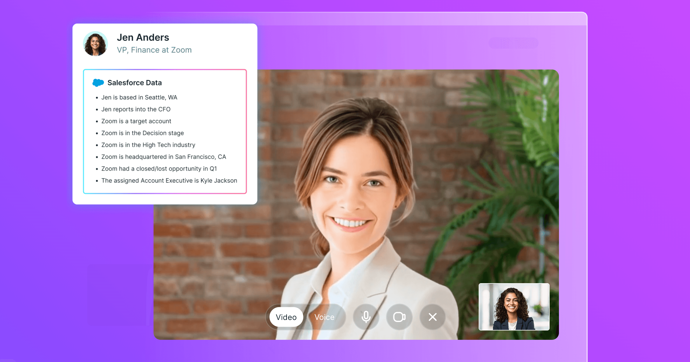Qualified video chat interface showing real-time Salesforce account data for Zoom alongside live conversation with VP of Finance