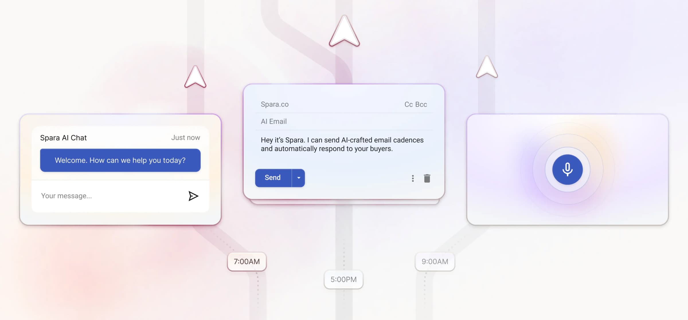 Graphic representation of Spara's chat, email, and voice AI agents