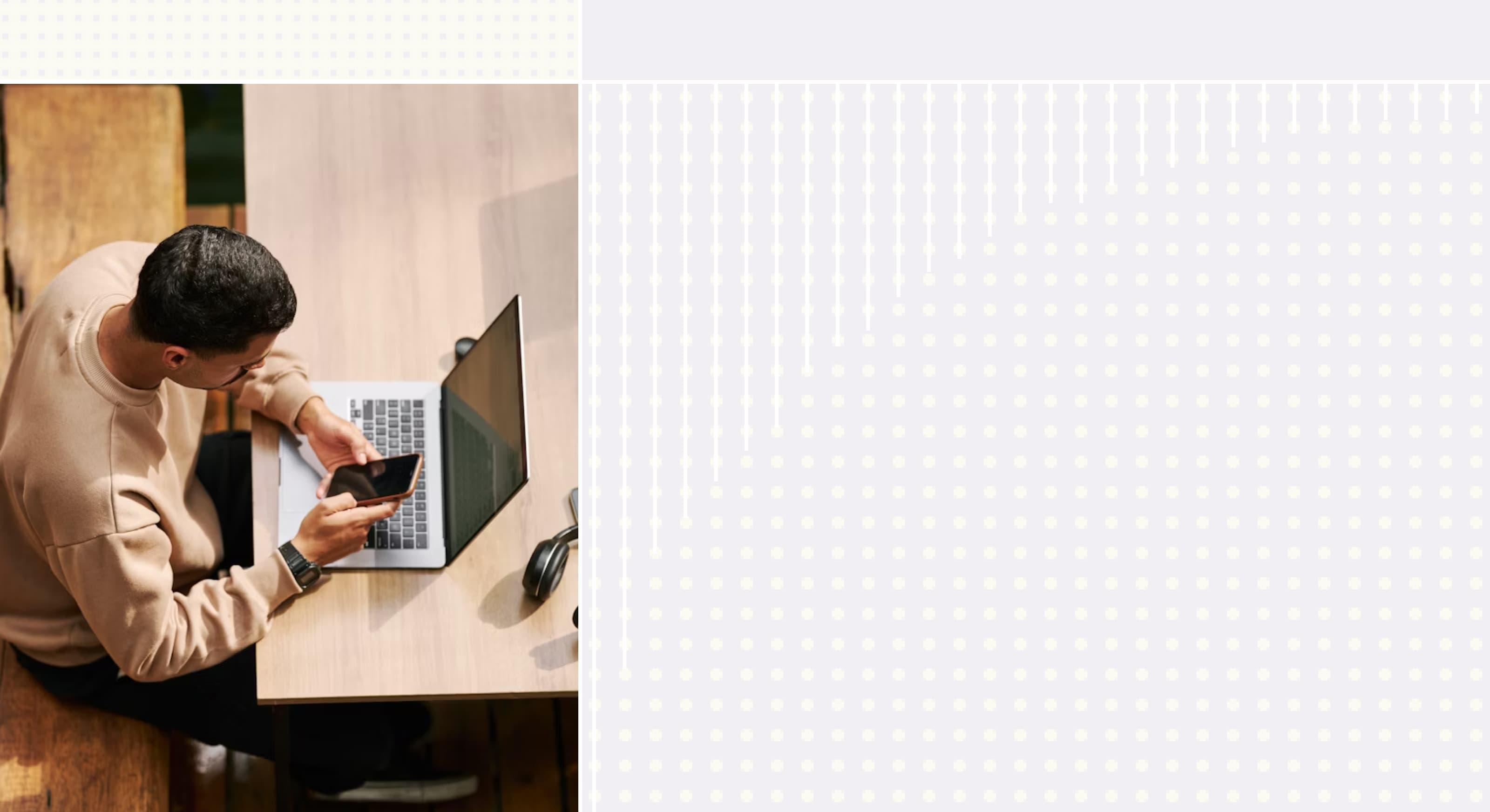 photo of a person on their laptop and looking at their phone with a patterned background