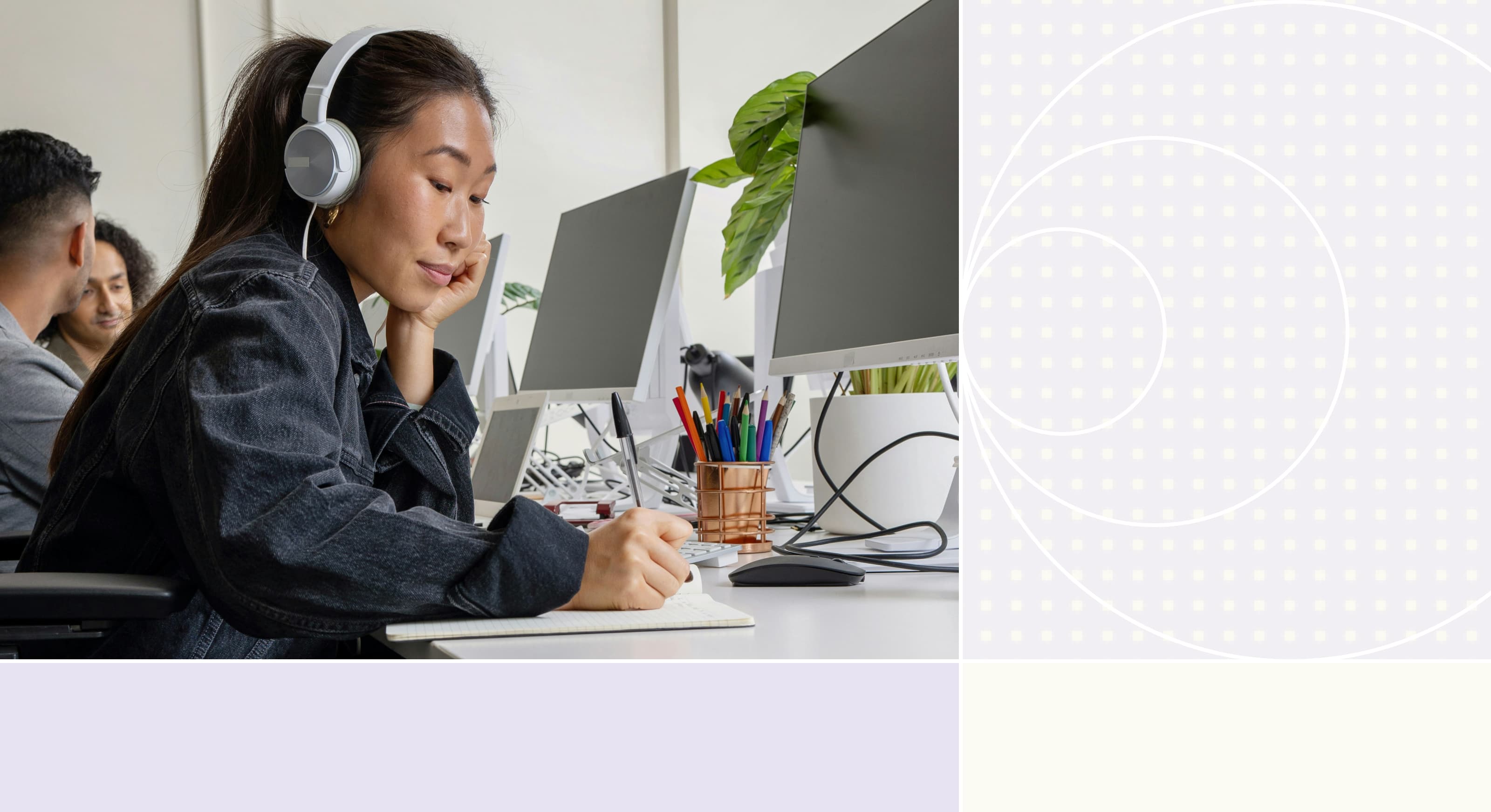 Pattern background with a photo of a woman working at a desk with headphones