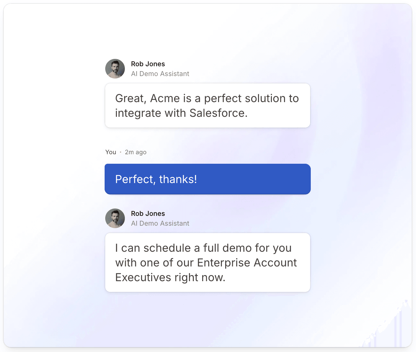 Example of an AI chat conversation where Spara answers a product question and offers to schedule a demo