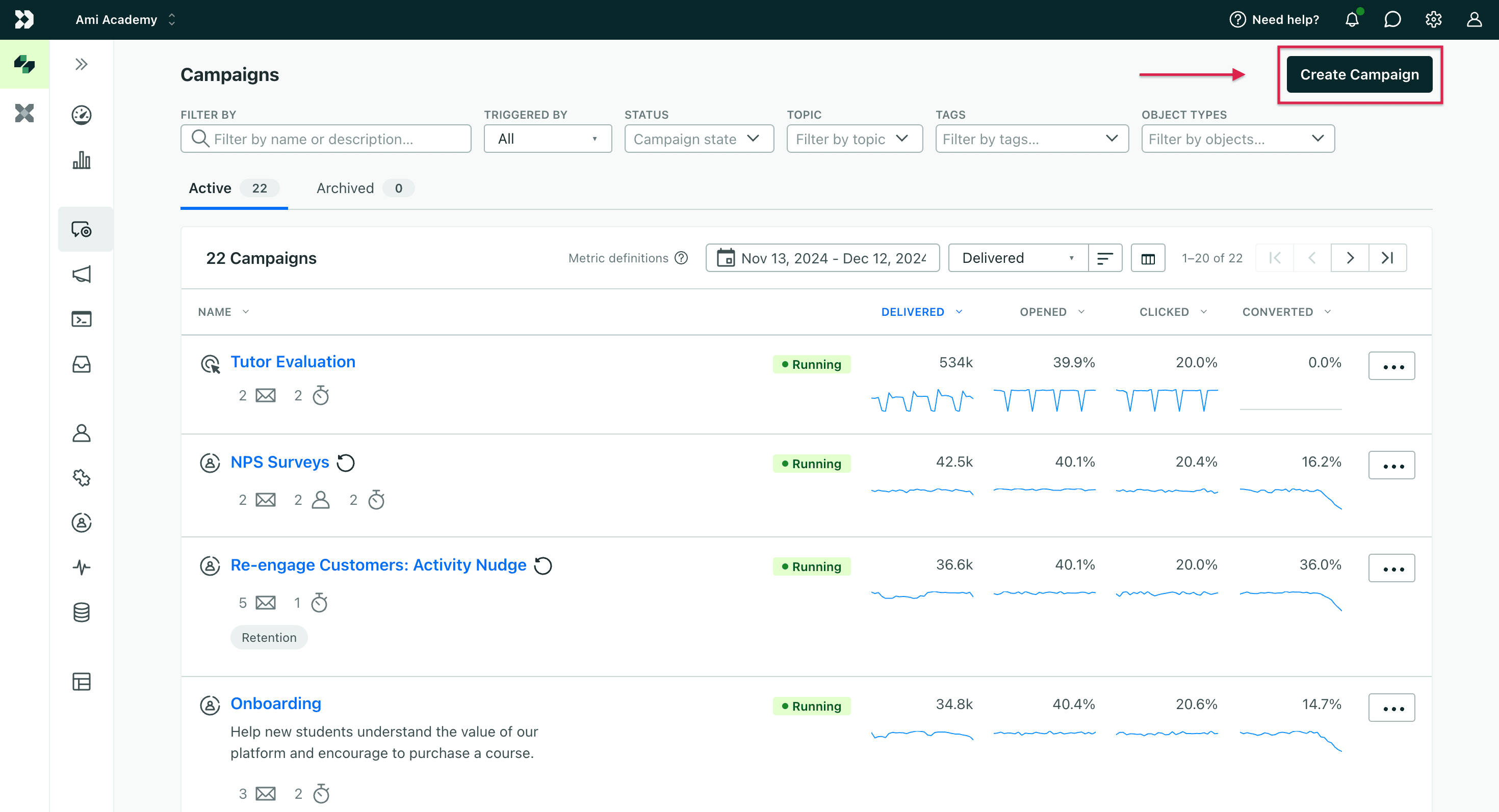 Alt text: Customer.io leads list dashboard